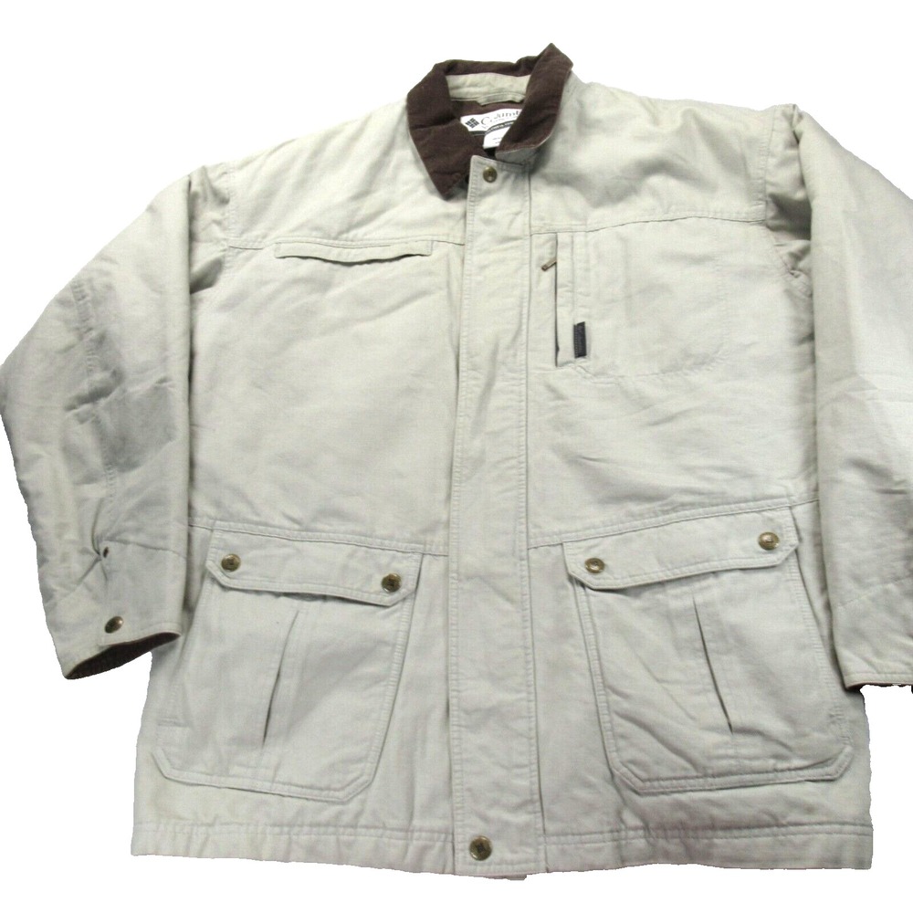 Columbia Jacket Mens XL Off White Snap Plaid Lined Heavyweight Insulated Chore